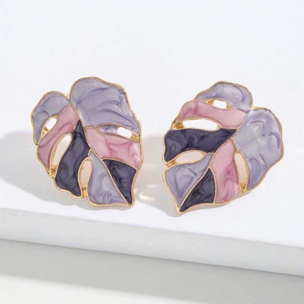 Purple & Gold Bohemian Monstera Leaf Palm Tree Leaf Marble Painted Stud Earrings